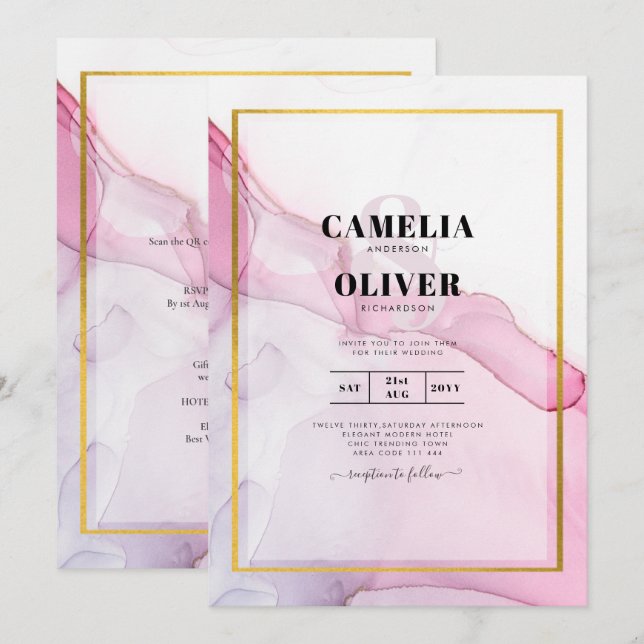 LeahG ROSA Lila Bläck Abstrakt Wedding INVITE Inbjudningar (Fram/baksida)