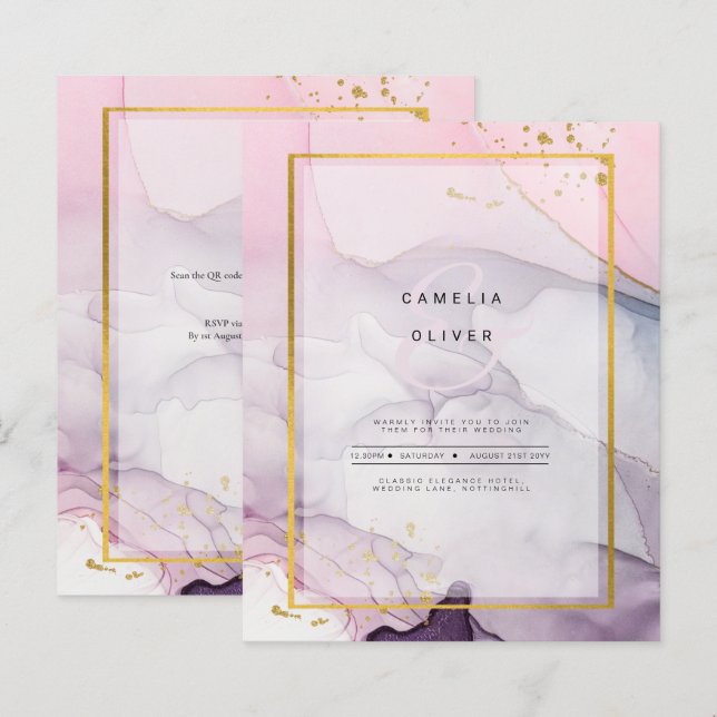LeahG Rosa Lila Lavender Guld BLÄCK Wedding INVITE (Fram/baksida)