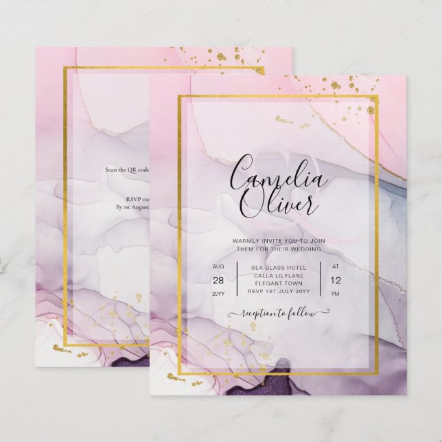 LeahG Rosa Lila Lavender Guld BLÄCK Wedding INVITE (Fram/baksida)