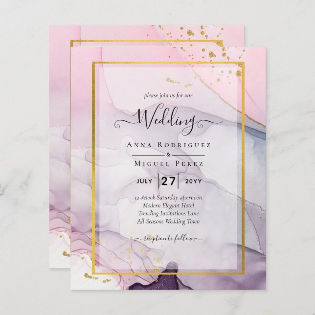 LeahG Rosa Lila Lavender Guld BLÄCK Wedding INVITE (Fram/baksida)