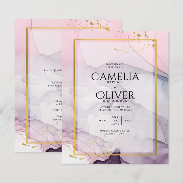 LeahG Rosa Lila Lavender Guld BLÄCK Wedding INVITE (Fram/baksida)