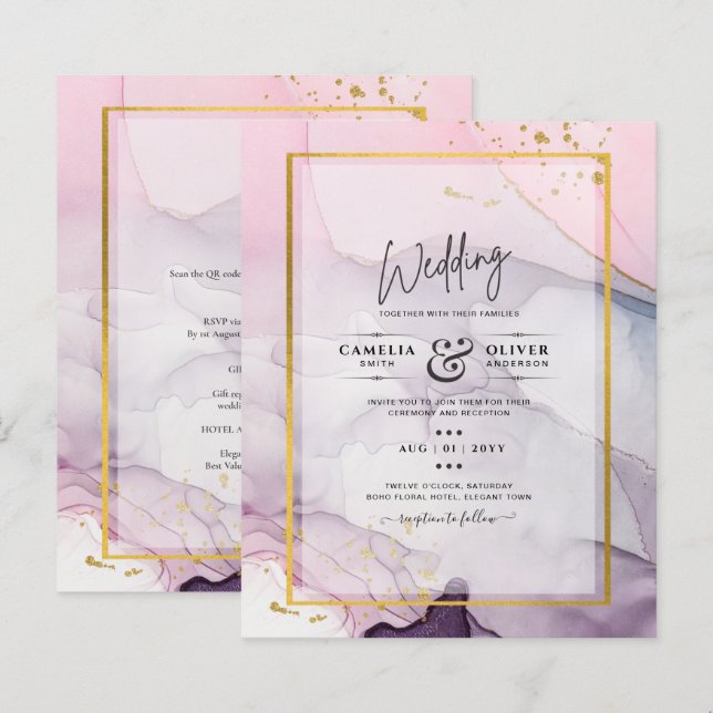LeahG Rosa Lila Lavender Guld BLÄCK Wedding INVITE (Fram/baksida)