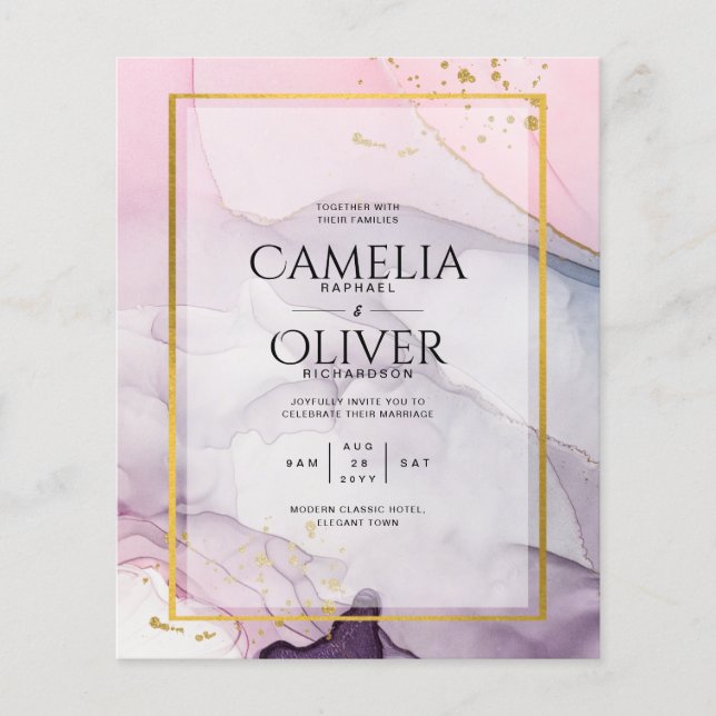 LeahG Rosa Lila Lavender Guld BLÄCK Wedding INVITE Flygblad (Framsidan)