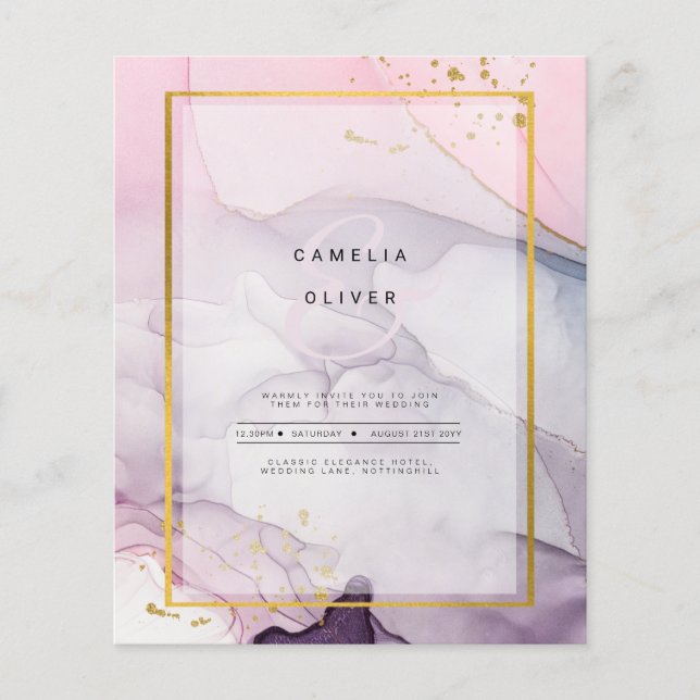 LeahG Rosa Lila Lavender Guld BLÄCK Wedding INVITE Flygblad (Framsidan)