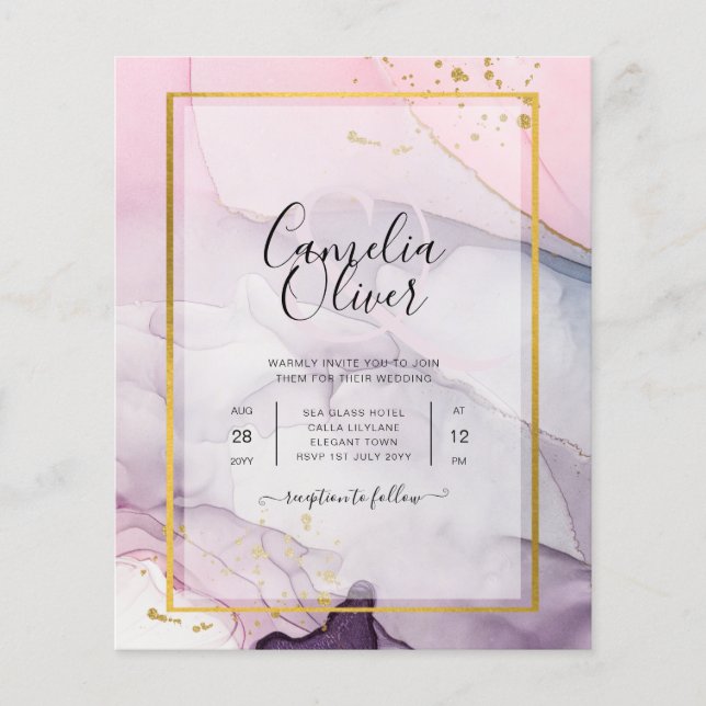 LeahG Rosa Lila Lavender Guld BLÄCK Wedding INVITE Flygblad (Framsidan)
