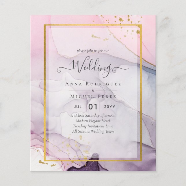 LeahG Rosa Lila Lavender Guld BLÄCK Wedding INVITE Flygblad (Framsidan)