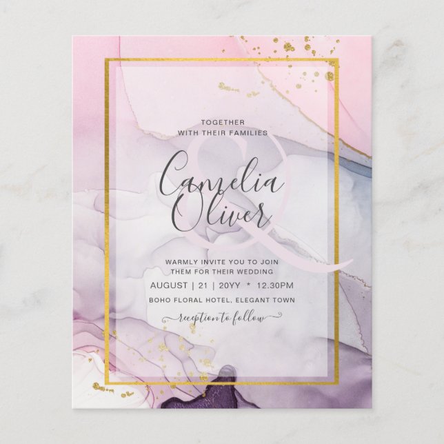 LeahG Rosa Lila Lavender Guld BLÄCK Wedding INVITE Flygblad (Framsidan)