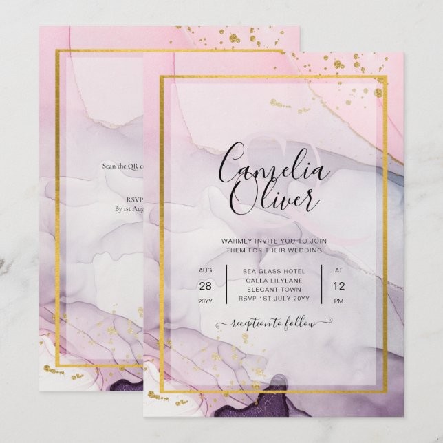 LeahG Rosa Lila Lavender Guld BLÄCK Wedding INVITE Inbjudningar (Fram/baksida)