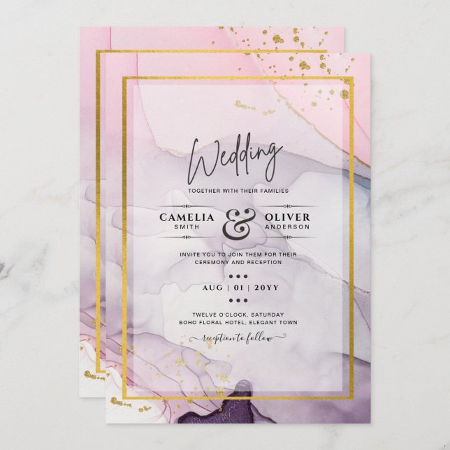 LeahG Rosa Lila Lavender Guld BLÄCK Wedding INVITE Inbjudningar (Fram/baksida)