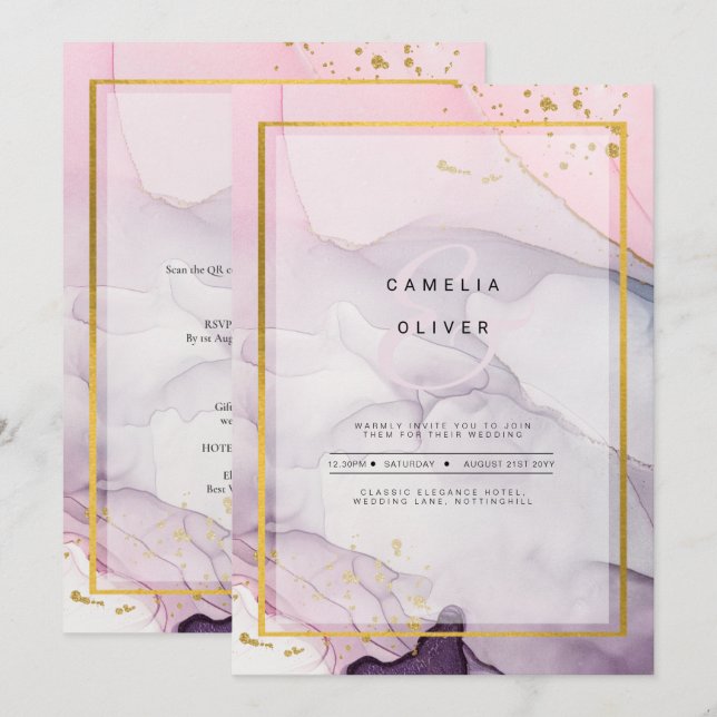 LeahG Rosa Lila Lavender Guld BLÄCK Wedding INVITE Inbjudningar (Fram/baksida)