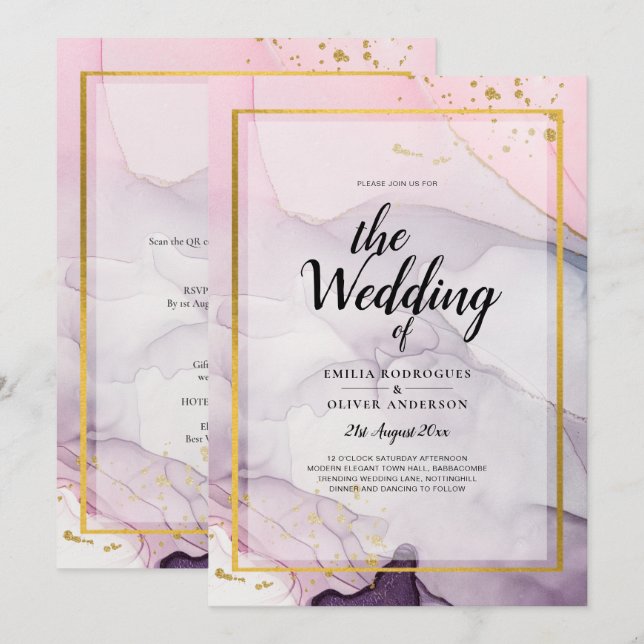 LeahG Rosa Lila Lavender Guld BLÄCK Wedding INVITE Inbjudningar (Fram/baksida)