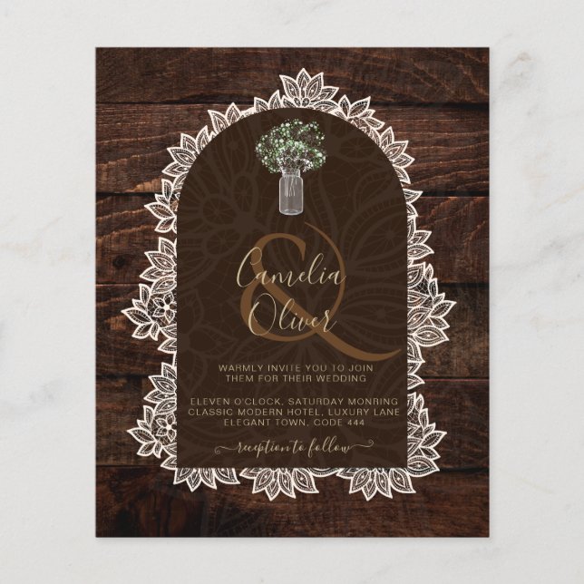 LeahG Rustic Snöre Gypsophila Wood Wedding INVITE Flygblad (Framsidan)