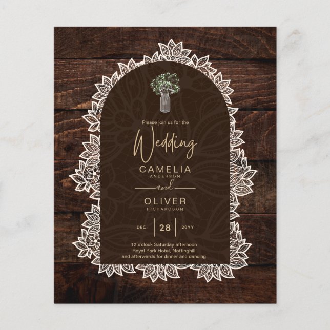 LeahG Rustic Snöre Gypsophila Wood Wedding INVITE Flygblad (Framsidan)