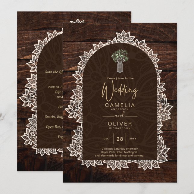 LeahG Rustic Snöre Gypsophila Wood Wedding INVITE Inbjudningar (Fram/baksida)