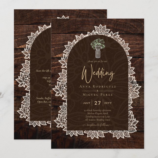 LeahG Rustic Snöre Gypsophila Wood Wedding INVITE Inbjudningar (Fram/baksida)