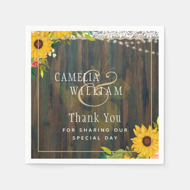 LeahG Rustic Sunwers Snöre Ljus Wood Bröllop Pappersservett (Framsidan)