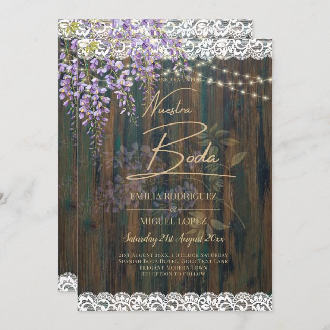 LeahG Rustic WISTERIA Spets Blommig Bröllops INBJU Inbjudningar (Fram/baksida)