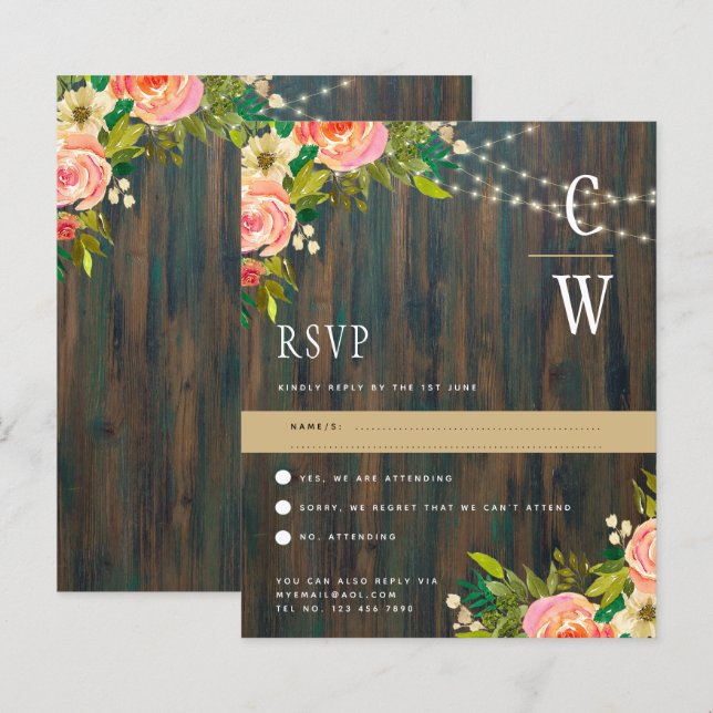 LeahG Rustic Wood Peach Coral Blommigt Bröllop (Fram/baksida)