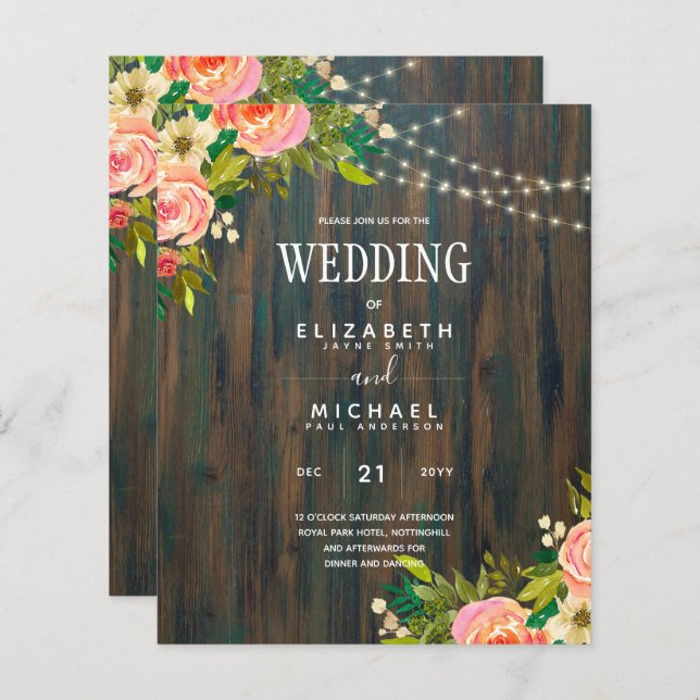 LeahG Rustic Wood Peach Coral Blommigt Bröllop (Fram/baksida)