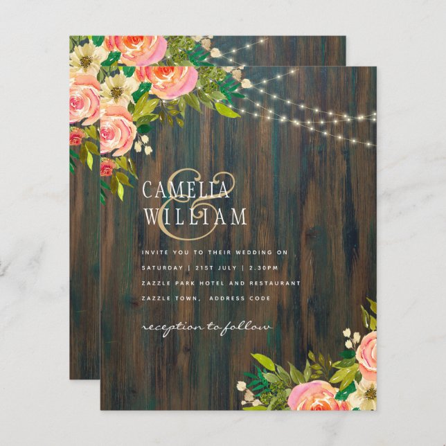 LeahG Rustic Wood Peach Coral Blommigt Bröllop (Fram/baksida)