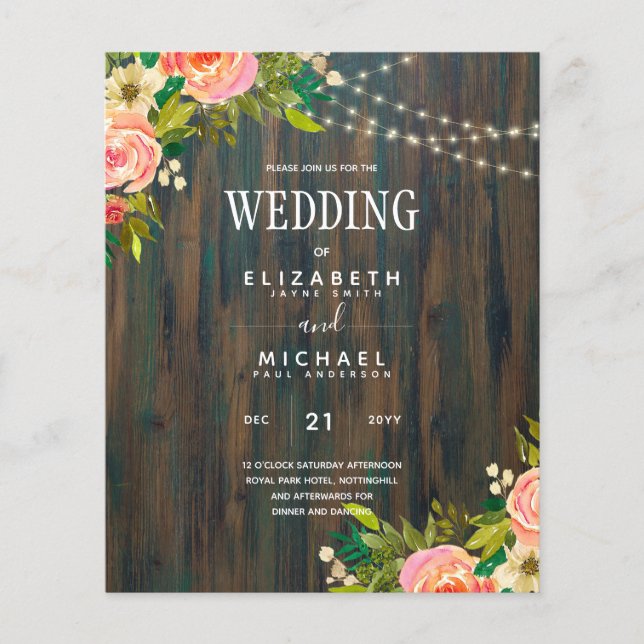 LeahG Rustic Wood Peach Coral Blommigt Bröllop Flygblad (Framsidan)