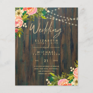 LeahG Rustic Wood Peach Coral Blommigt Bröllop Flygblad
