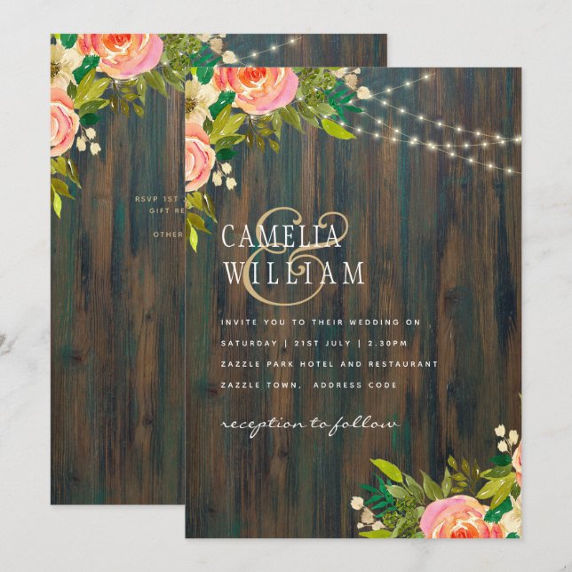 LeahG Rustic Wood Peach Coral Blommigt Bröllop Inbjudningar (Fram/baksida)