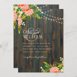 LeahG Rustic Wood Peach Coral Blommigt Bröllop Inbjudningar