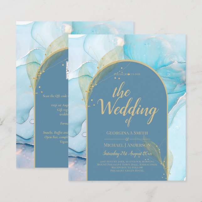LeahG Sea Glass Guld Bläck Aqua Blue Wedding INVIT (Fram/baksida)