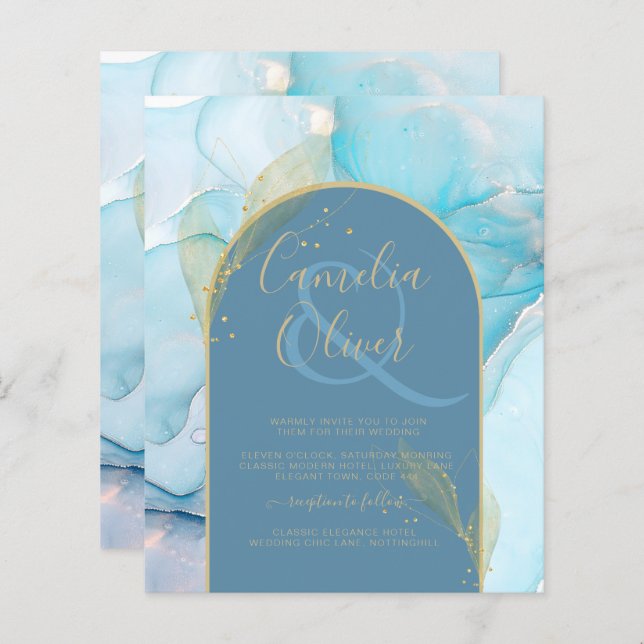LeahG Sea Glass Guld Bläck Aqua Blue Wedding INVIT (Fram/baksida)