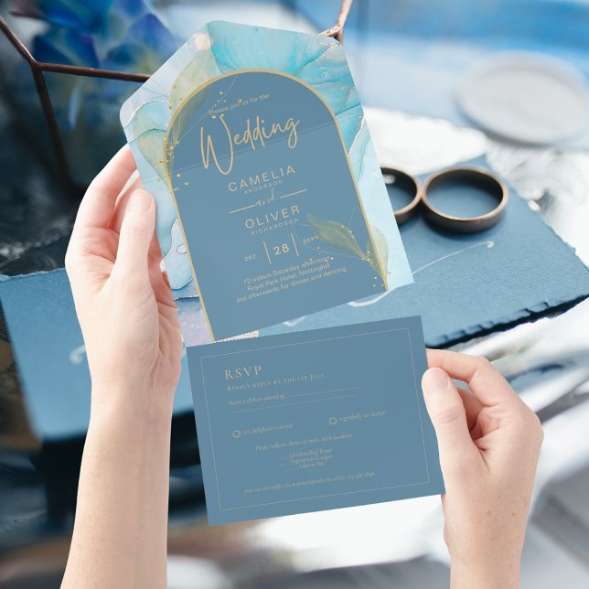 LeahG Sea Glass Guld Bläck Aqua Blue Wedding INVIT (Skapare uppladdad)