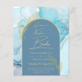 LeahG Sea Glass Guld Bläck Aqua Blue Wedding INVIT Flygblad