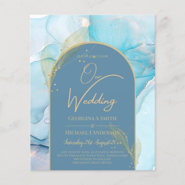 LeahG Sea Glass Guld Bläck Aqua Blue Wedding INVIT Flygblad (Framsidan)