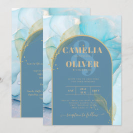 LeahG Sea Glass Guld Bläck Aqua Blue Wedding INVIT Inbjudningar