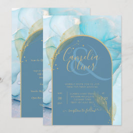 LeahG Sea Glass Guld Bläck Aqua Blue Wedding INVIT Inbjudningar