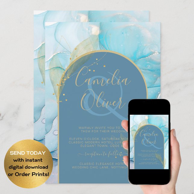 LeahG Sea Glass Guld Bläck Aqua Blue Wedding INVIT Inbjudningar (Skapare uppladdad)