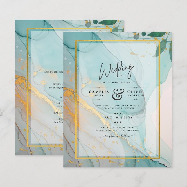 LeahG Sea Glass Teal Guld BLÄCK Wedding INVITE (Fram/baksida)