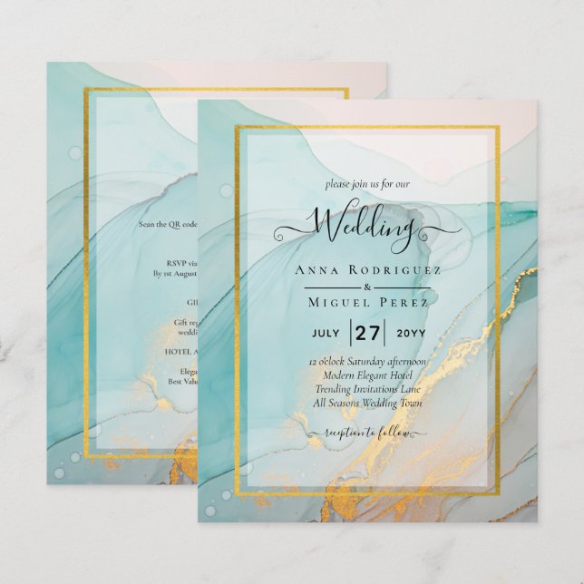 LeahG Sea Glass Teal Guld BLÄCK Wedding INVITE (Fram/baksida)