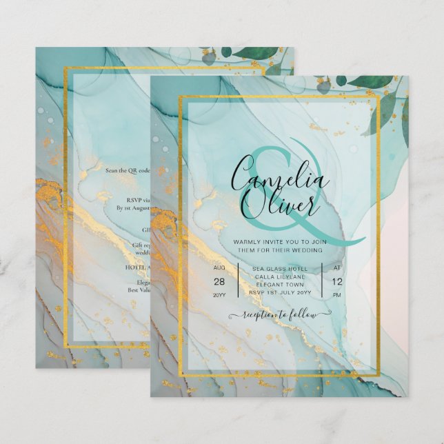 LeahG Sea Glass Teal Guld BLÄCK Wedding INVITE (Fram/baksida)
