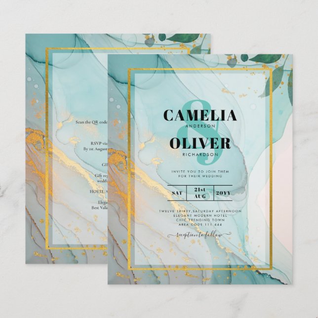 LeahG Sea Glass Teal Guld BLÄCK Wedding INVITE (Fram/baksida)