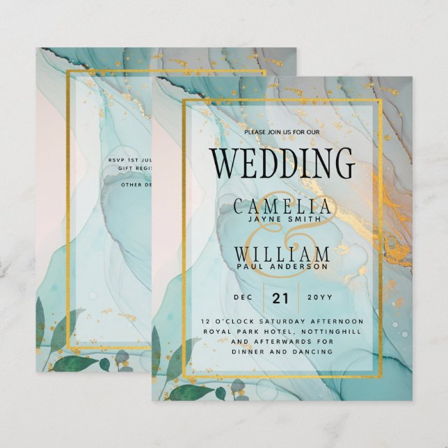 LeahG Sea Glass Teal Guld BLÄCK Wedding INVITE (Fram/baksida)