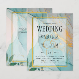 LeahG Sea Glass Teal Guld BLÄCK Wedding INVITE