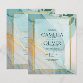 LeahG Sea Glass Teal Guld BLÄCK Wedding INVITE