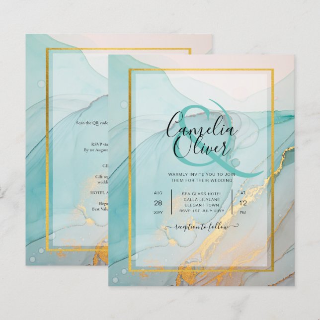 LeahG Sea Glass Teal Guld BLÄCK Wedding INVITE (Fram/baksida)