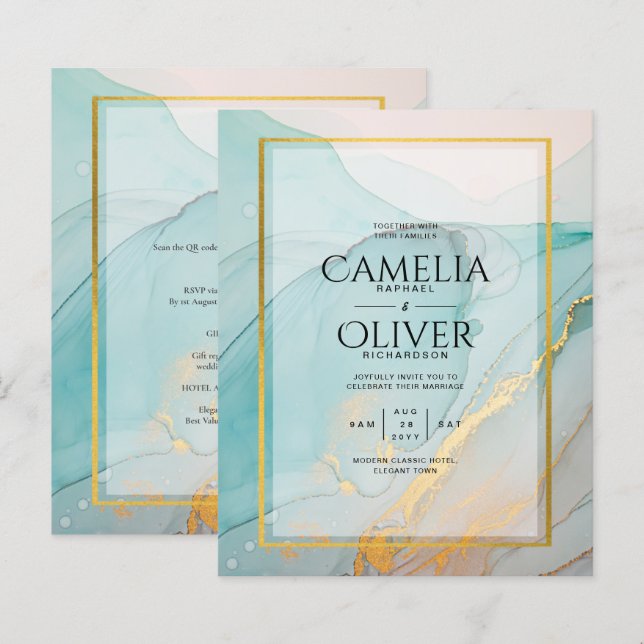LeahG Sea Glass Teal Guld BLÄCK Wedding INVITE (Fram/baksida)