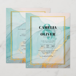 LeahG Sea Glass Teal Guld BLÄCK Wedding INVITE