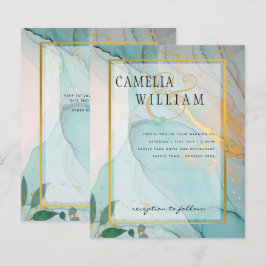 LeahG Sea Glass Teal Guld BLÄCK Wedding INVITE