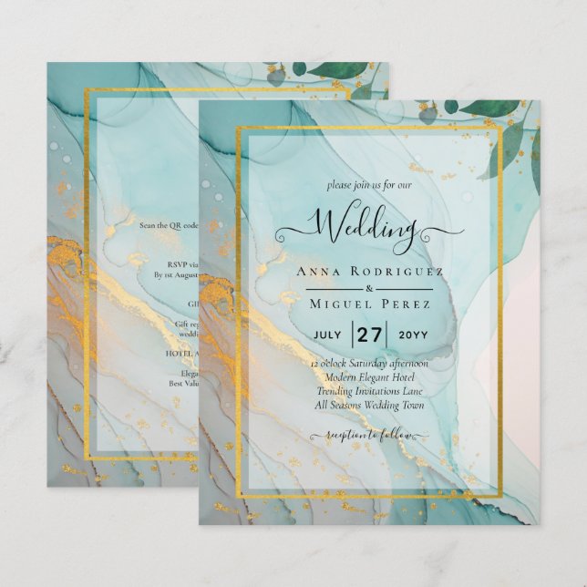 LeahG Sea Glass Teal Guld BLÄCK Wedding INVITE (Fram/baksida)
