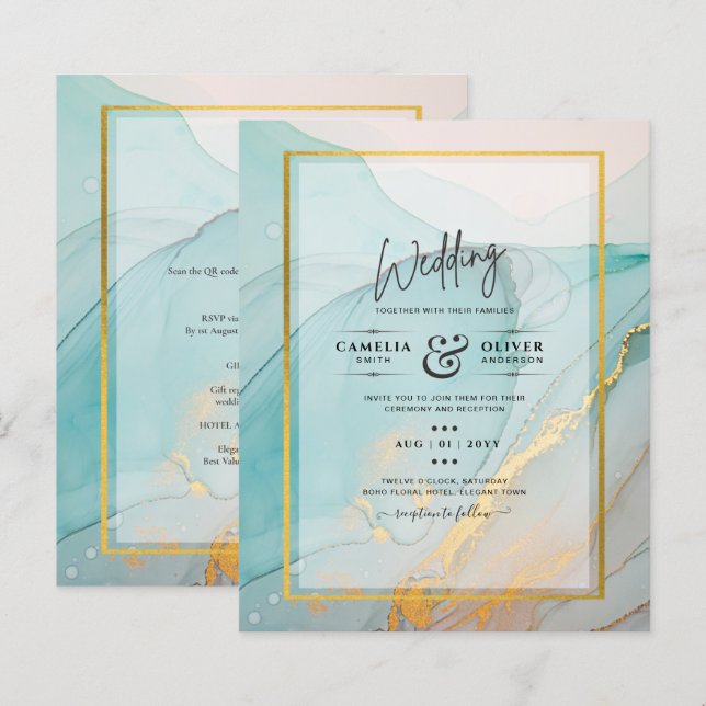 LeahG Sea Glass Teal Guld BLÄCK Wedding INVITE (Fram/baksida)