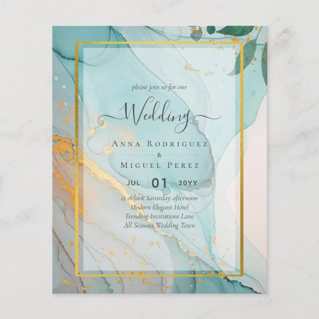 LeahG Sea Glass Teal Guld BLÄCK Wedding INVITE Flygblad (Framsidan)